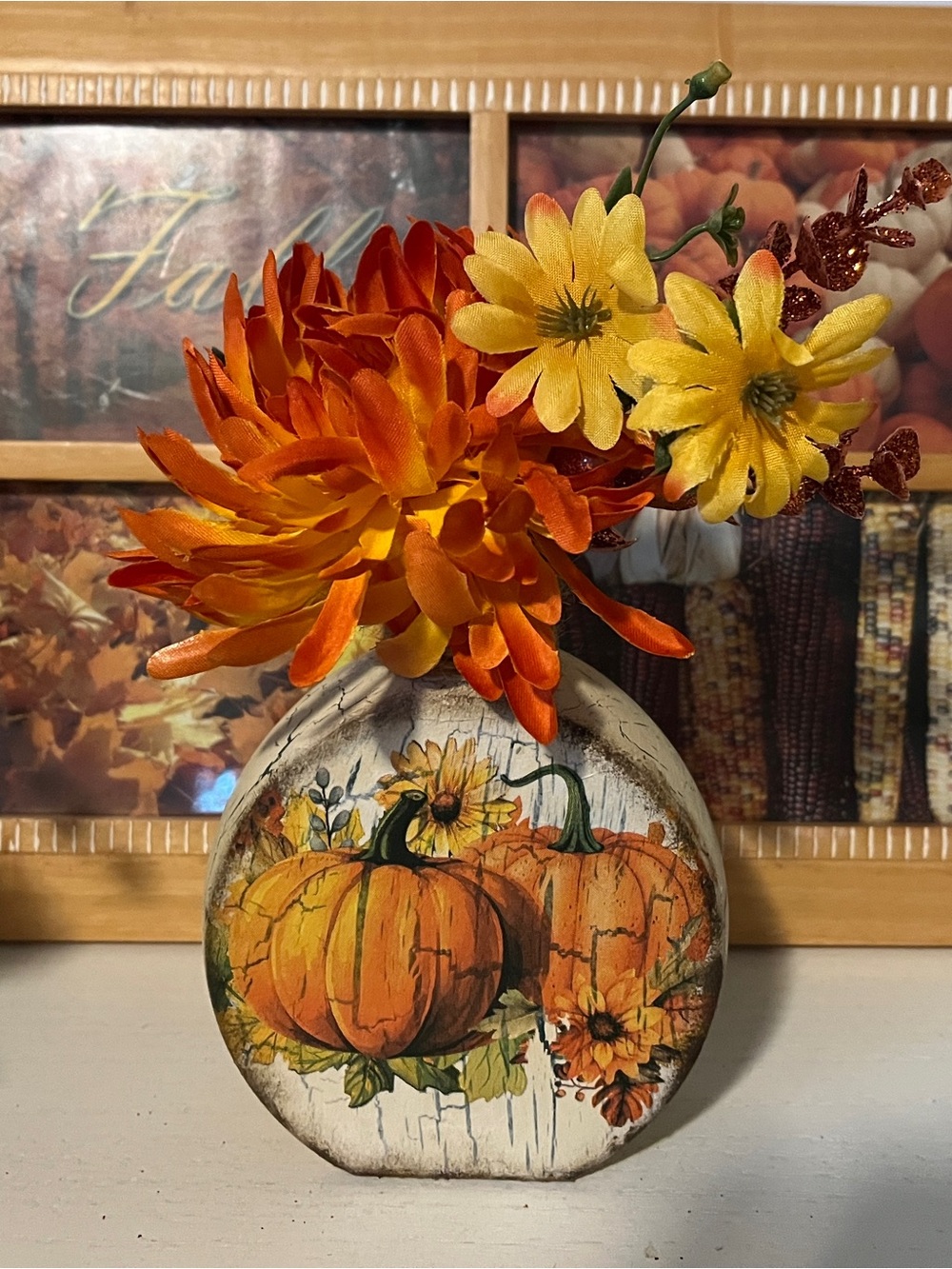 Autumn Pumpkin Floral Vase Accent - Orange and Yellow